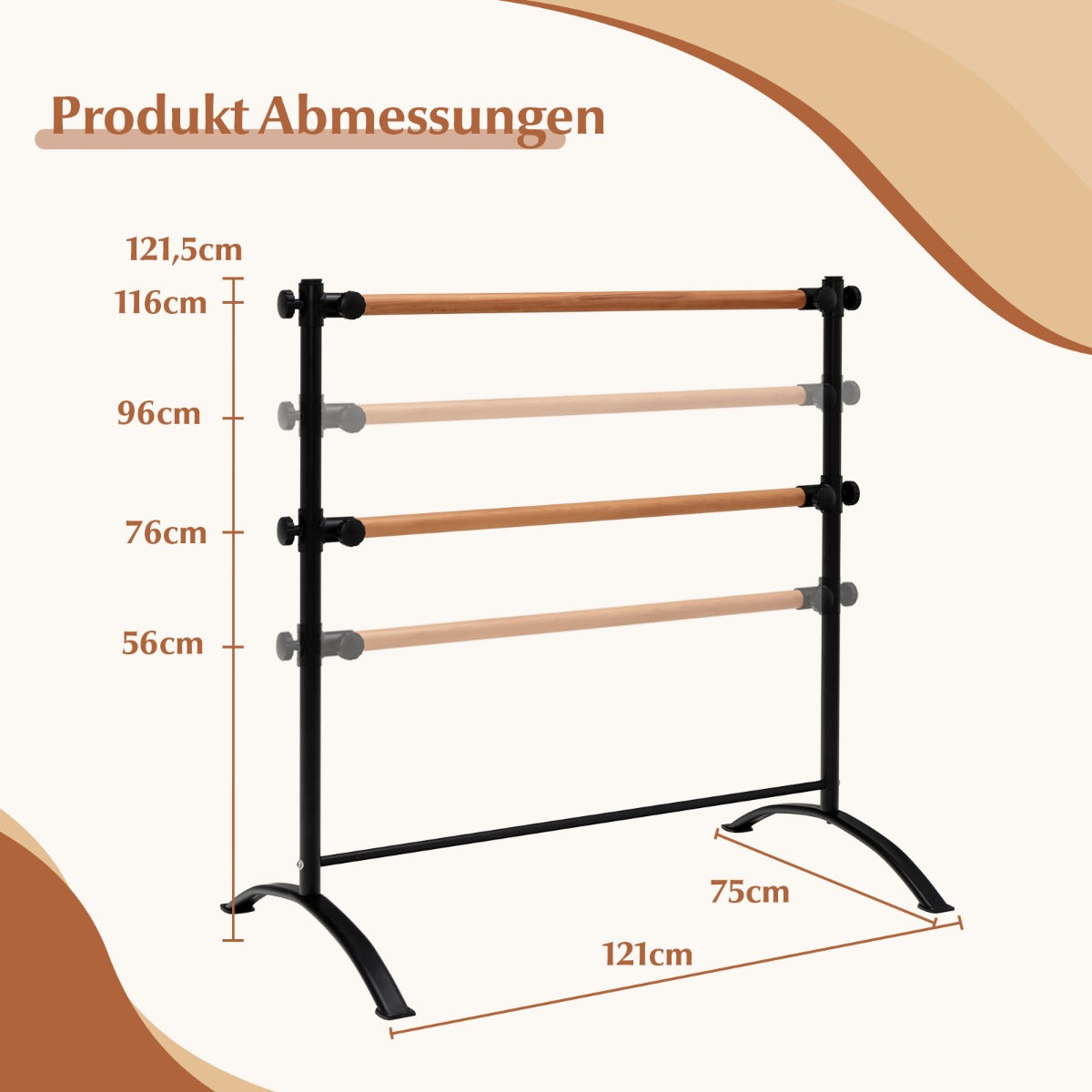 Lång – bärbar balettutrustning Fristående dubbel balettstång Höjdjusterbar – 120 cm – Svart