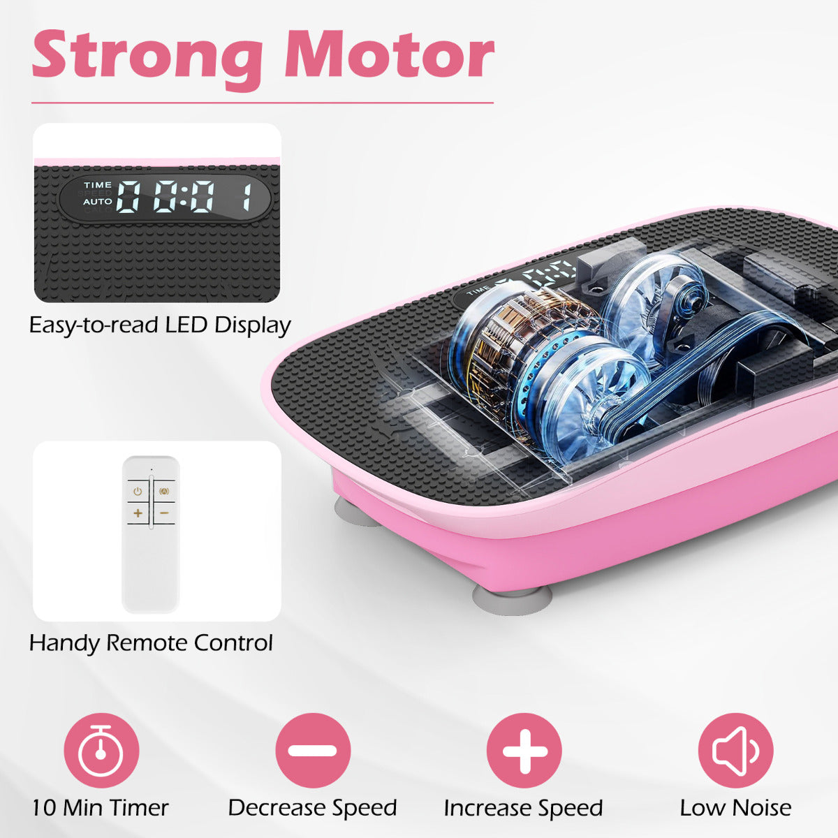 Vibrationsplatta – med Hastighetsnivåer och Fjärrkontroll Vibrationstränare LED Display – 10 – Rosa