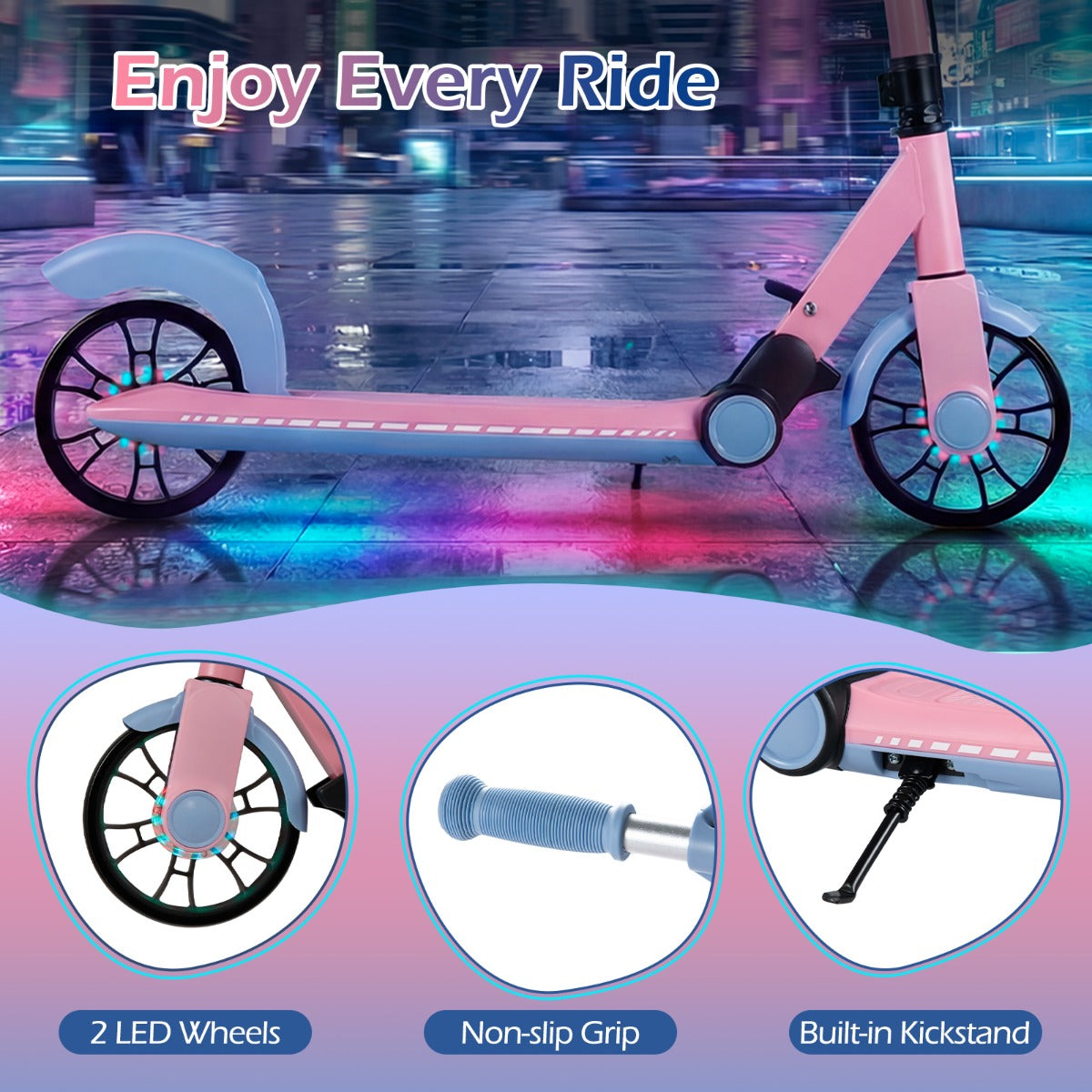 Hopfällbar – sparkcykel med lysande hjul och ställ Höjjusterbar – 2 – Rosa
