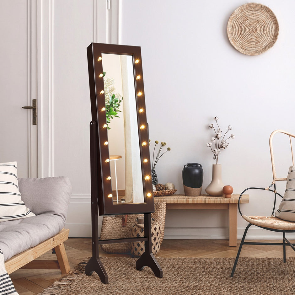 LED smyckesskåp – med fullängdsspegel och sminkspegel Lutningsbar – 18 – Brun