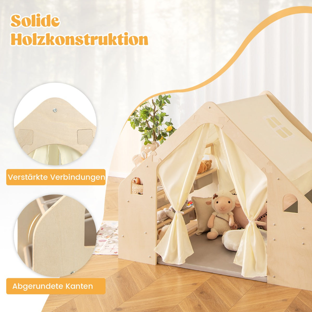 IN Träbarntält – med barnbord och stol matta tavla lekstuga – 6 1 145 x 98 x 113 cm – Natur