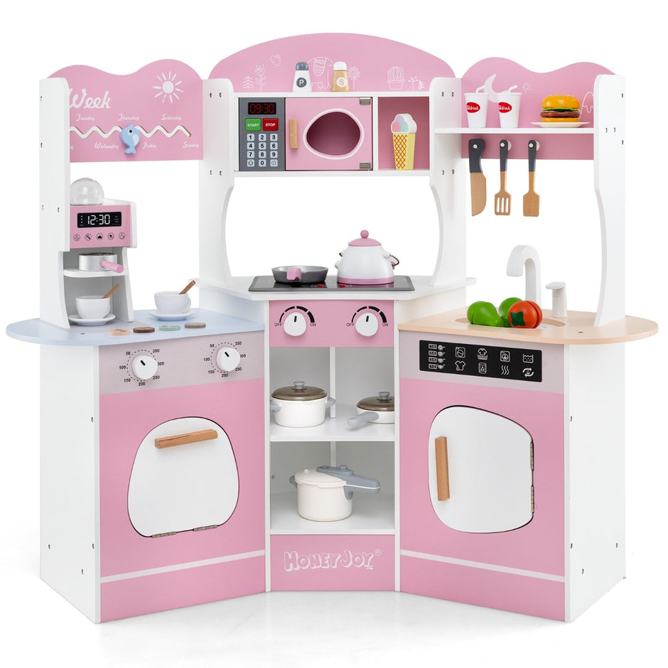 Hörnlekök – i trä med Ljud och Ljus Kaffemaskin Rutschkana Småbarnskök Lekset – Rosa