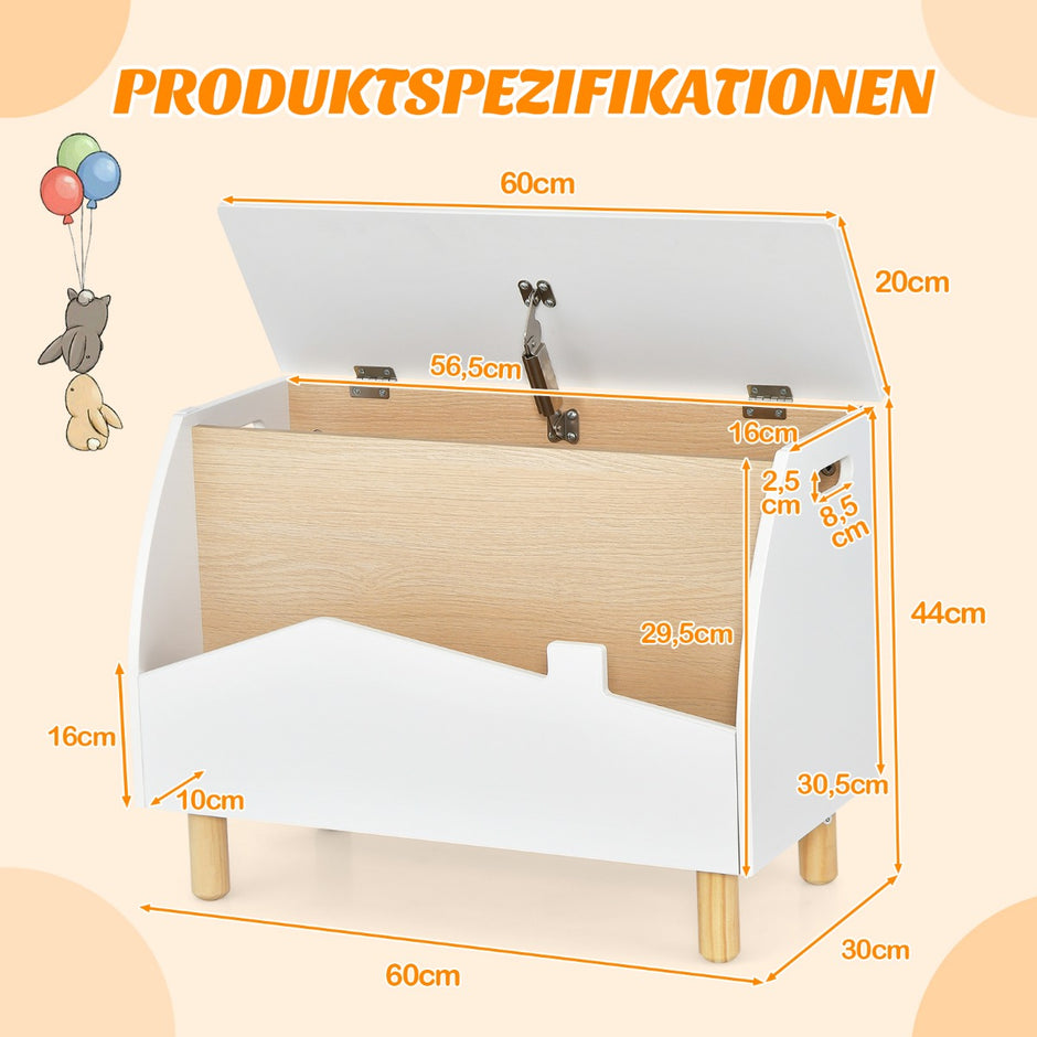 Träleksakslåda – med hylla Leksaksskrin gångjärnslock – 60 x 30 x 44 cm – Vit