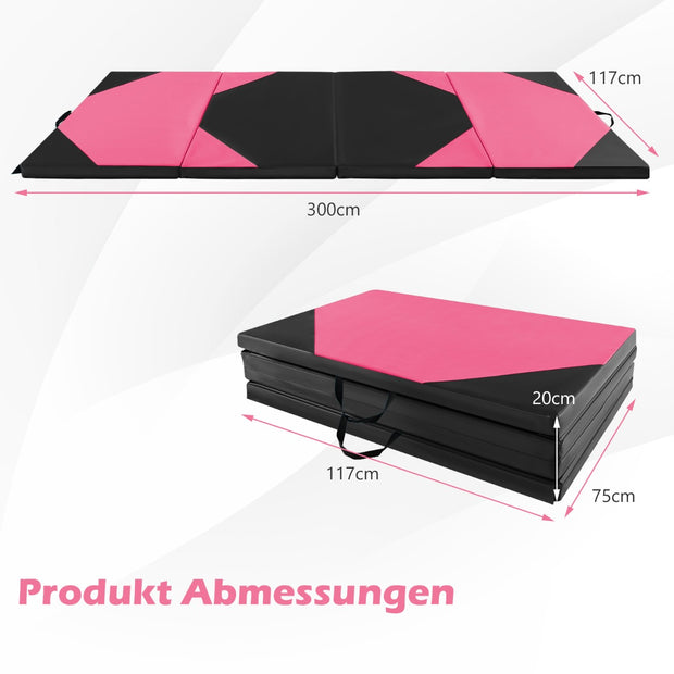 Vikbar – träningsmatta av syntetiskt läder med kardborrefästen och bärhandtag – 300 x 117 x 5 cm – Rosa