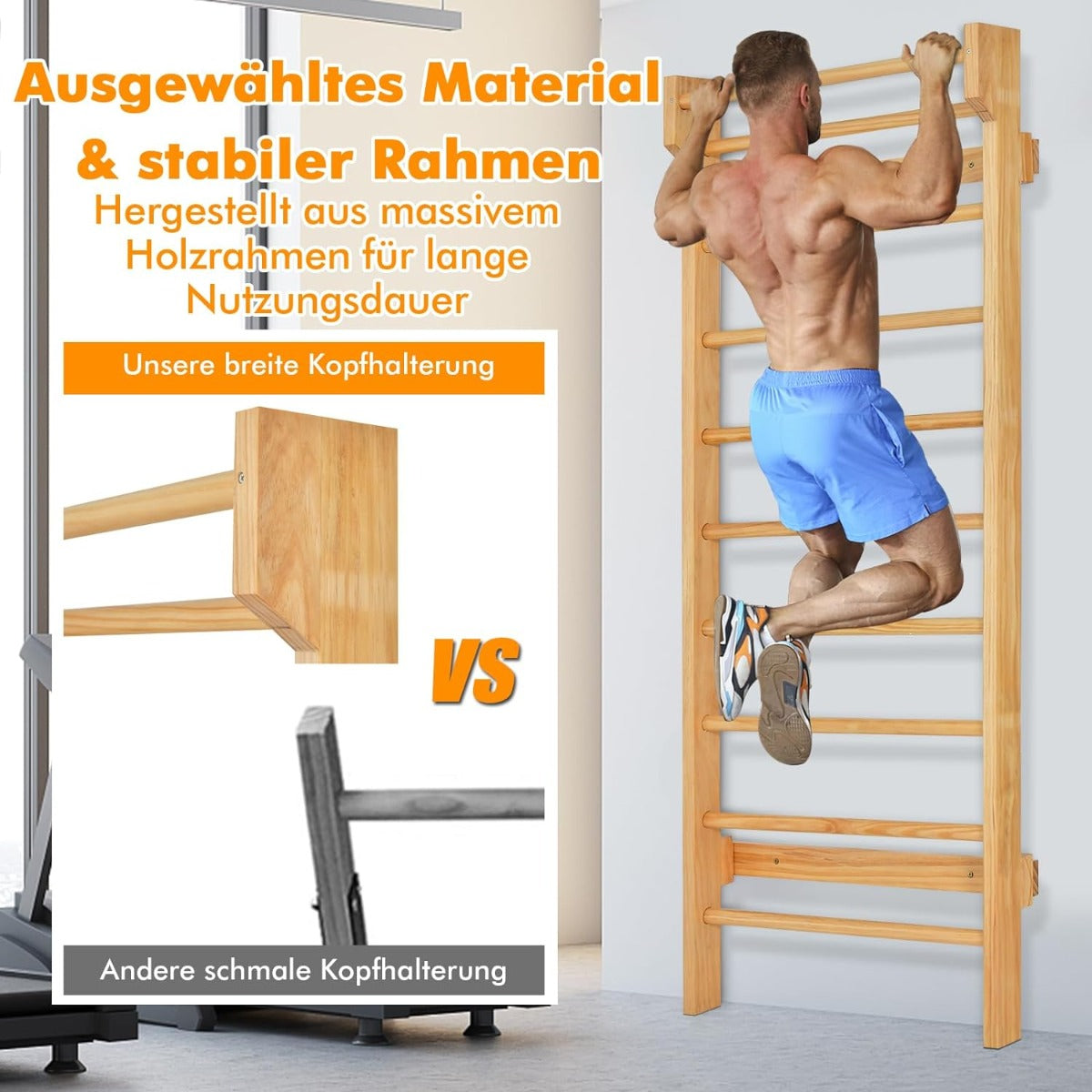 Träväggsstänger – med utdragbar bar och stegpinnar klättervägg lastkapacitet gymnastikvägg – 10 150 kg – Trä