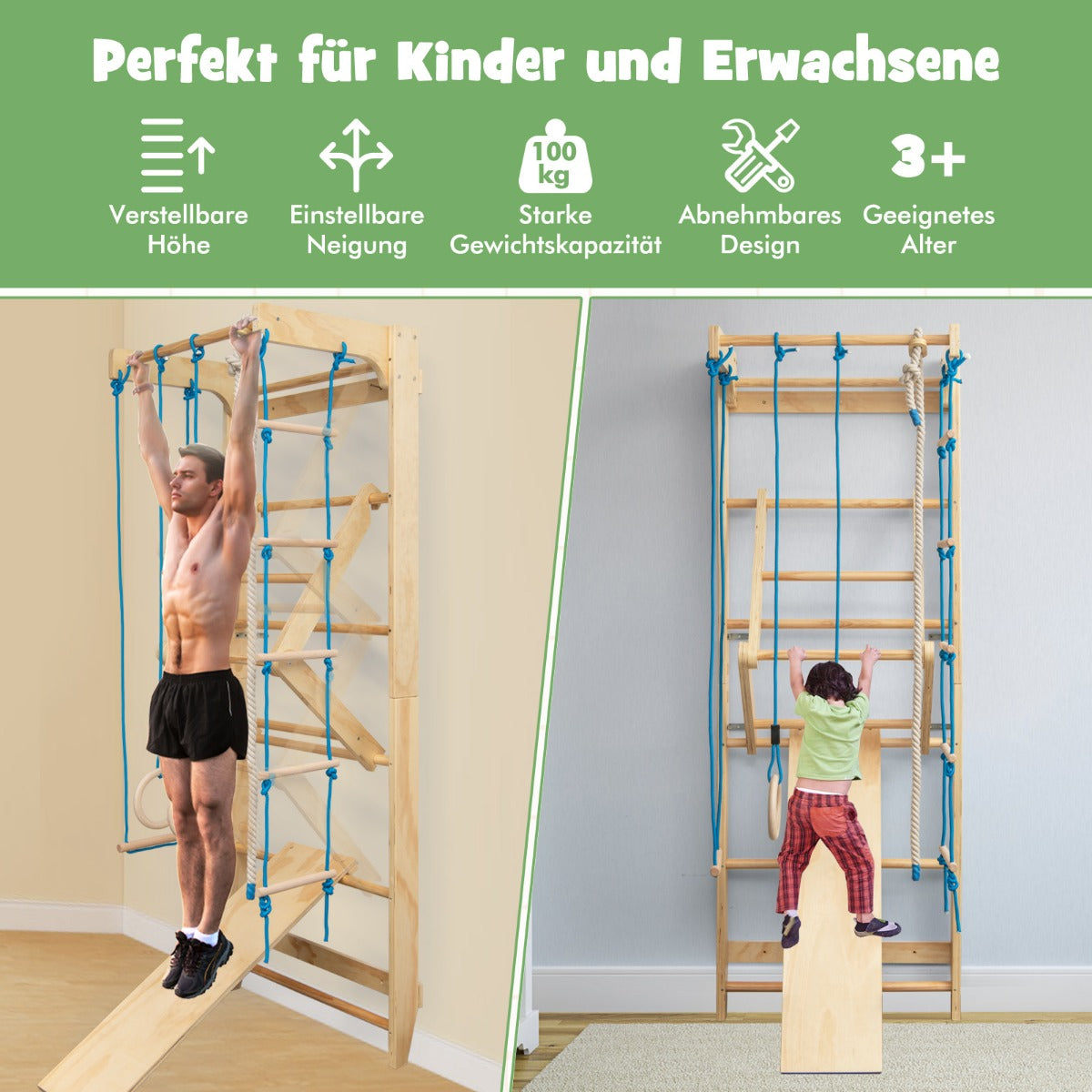 Väggstänger, – gymnastikvägg, klättervägg inklusive monteringsmaterial, – 100 kg 80 x 58,5 x 220 cm – Trä