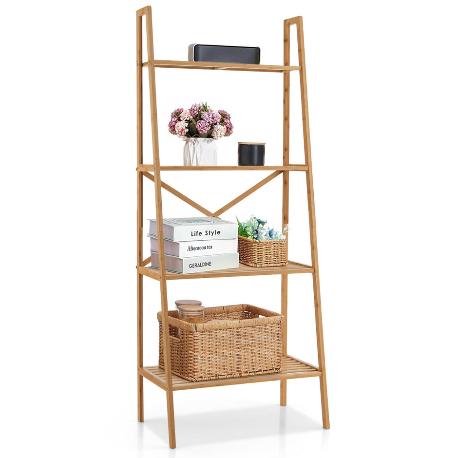 Stegehylla – av bambu med anti lutningsskydd nivåer bokhylla – 4 60 x 35,5 x 148 cm – Natur