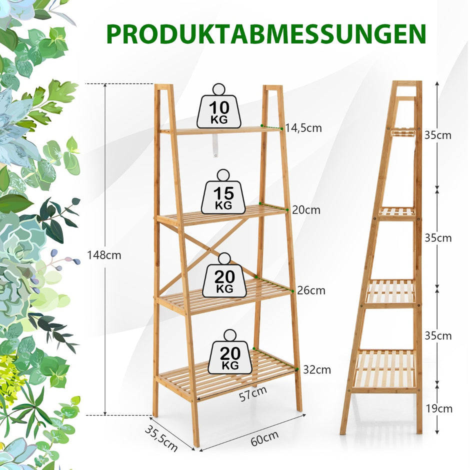 Stegehylla – av bambu med anti lutningsskydd nivåer bokhylla – 4 60 x 35,5 x 148 cm – Natur