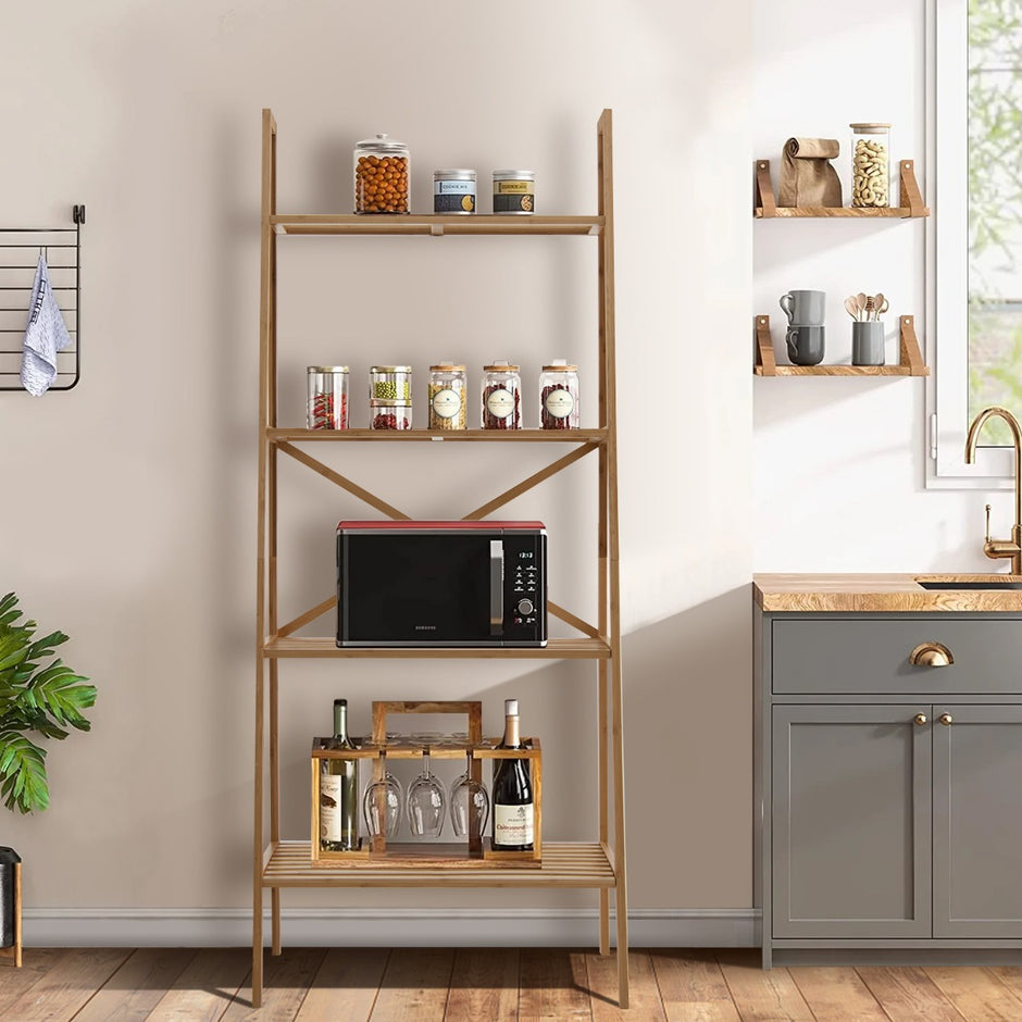 Stegehylla – av bambu med anti lutningsskydd nivåer bokhylla – 4 60 x 35,5 x 148 cm – Natur