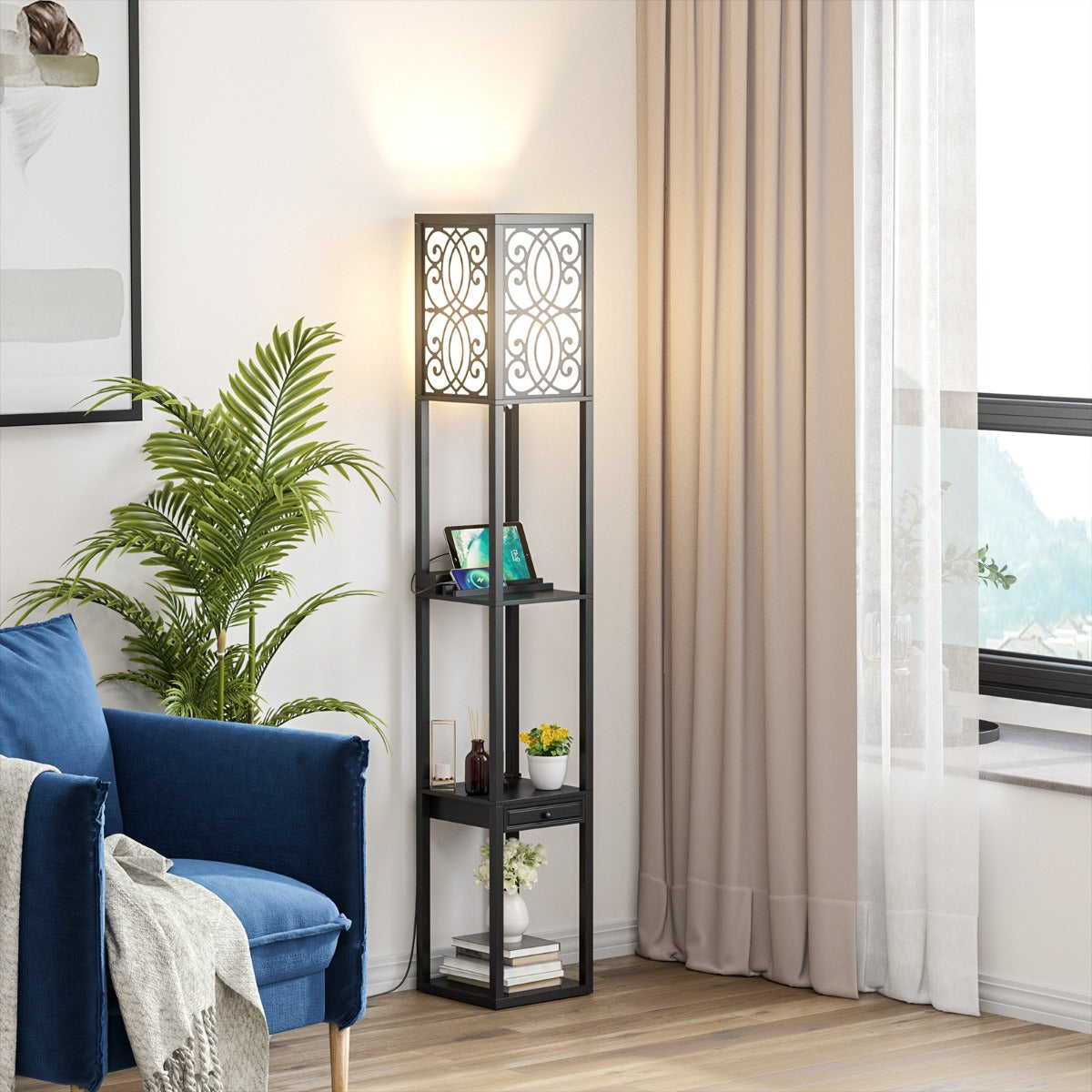 Golvlampa – med hyllor och låda för Vardagsrum Sovrum – 26 x 26 x 160,5 cm – Svart