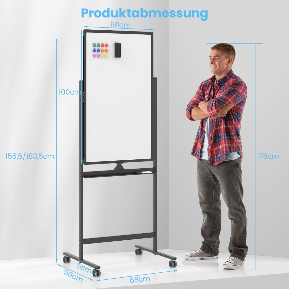 Dubbelsidig – magnetisk skrivtavla med hjul och stativ pennfack – 60 x 100 cm – Svart och vit