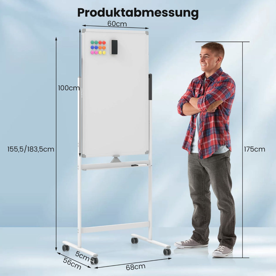 Dubbelsidig – magnetisk skrivtavla med hjul och stativ pennfack – 60 x 100 cm – Vit