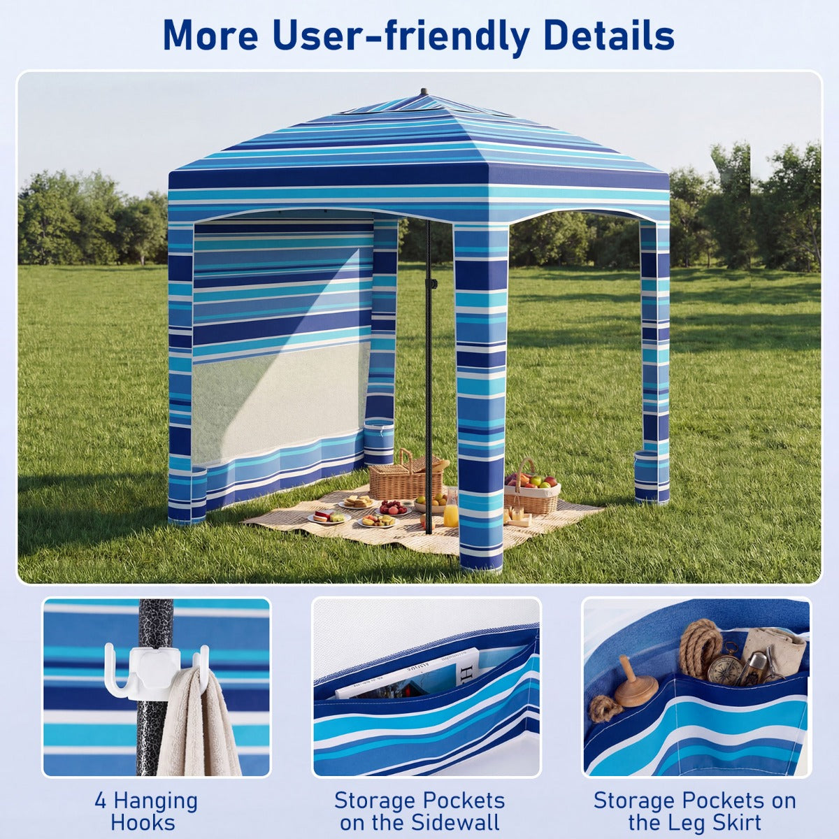 Strandtält – Höjdjusterbar Sidevägg Sandsäckar Bärväska Camping – 185 x 185 cm – Blå