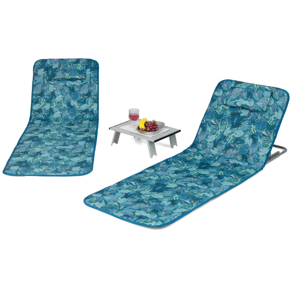 Set – med strandmattor sidobord, kudde och förvaringsfack, solstolsmatta justerbart ryggstöd, turkosblå – 2 – Turkos