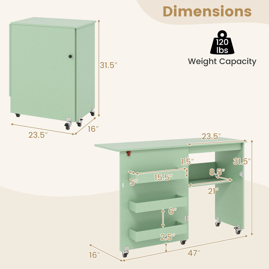 Vikbar – sybord Rullande pysselstation med förvaringsfack gömda förvaringslådor Mobil Grönt – 3 118,5 x 40 x 79,5 cm – Grön