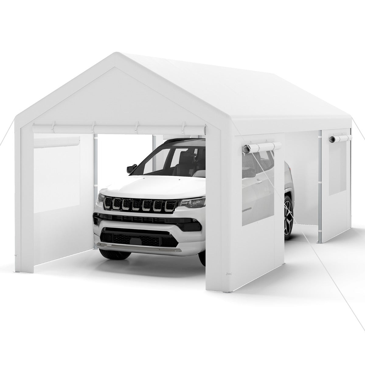 Vinterfast – Tältgarage med Avtagbara Sidoväggar och Rullportar Ventilerade Fönster Carport – Vit