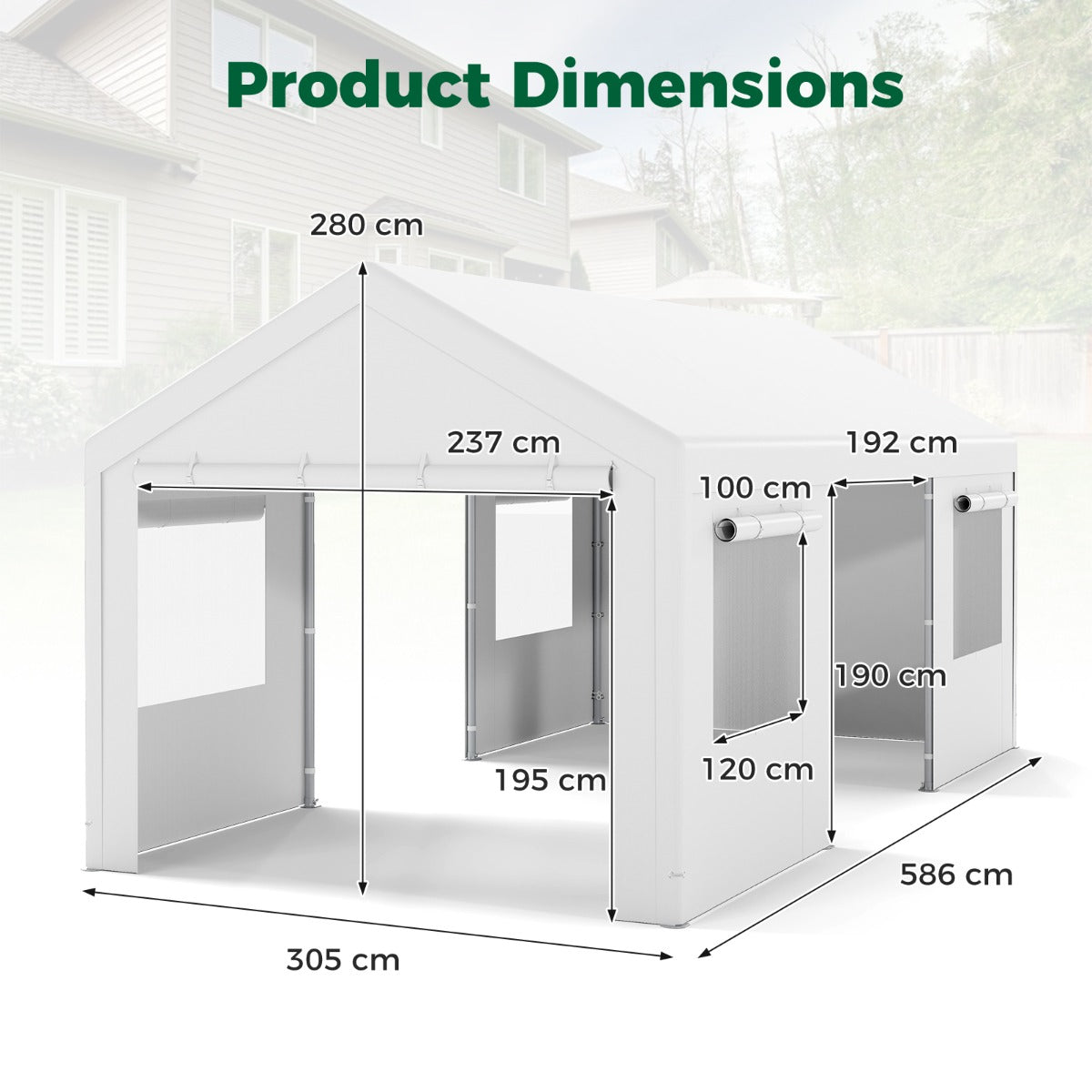 Vinterfast – Tältgarage med Avtagbara Sidoväggar och Rullportar Ventilerade Fönster Carport – Vit
