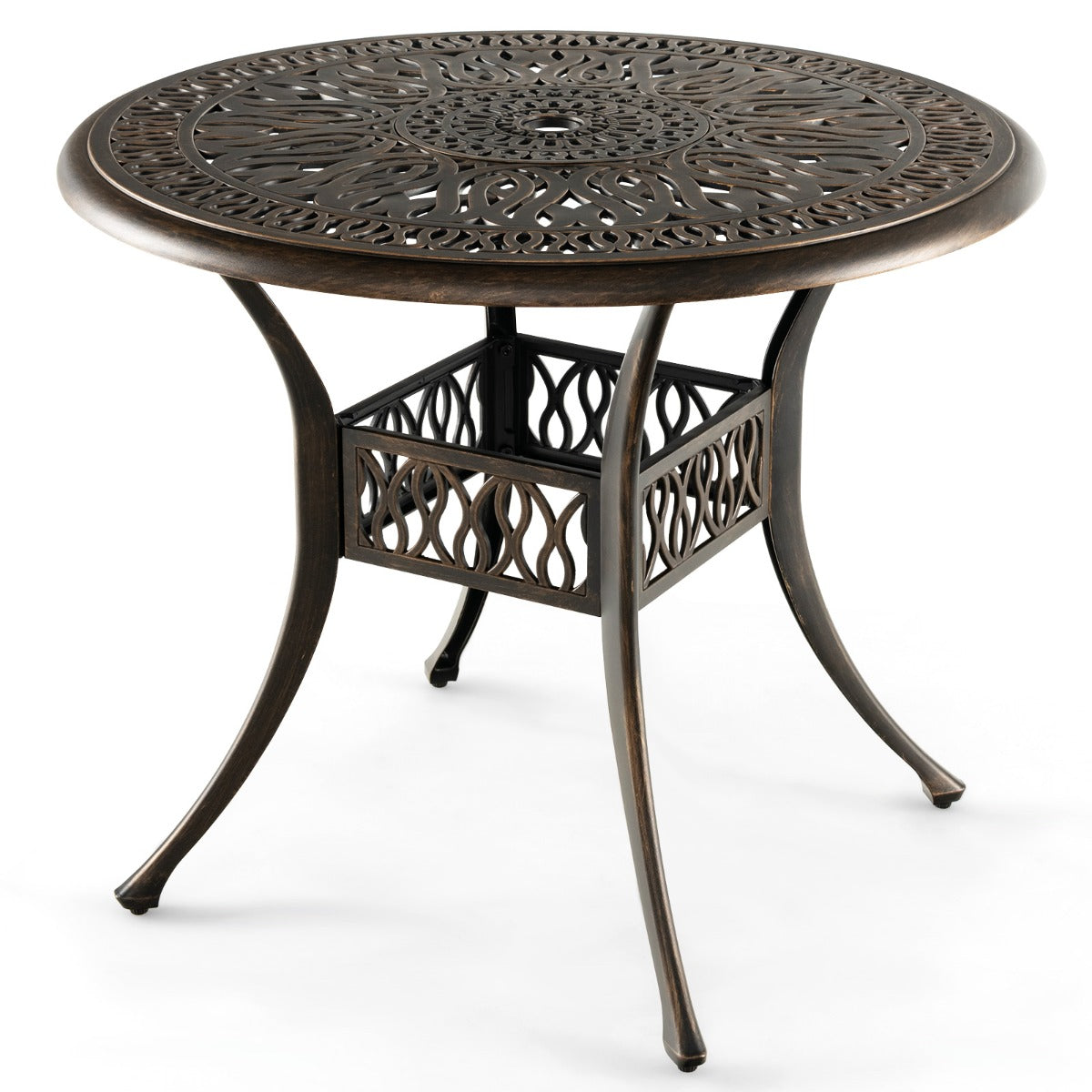 Runt – uteplats matbord bistrobord av gjuten aluminium med paraplyhål – Ø 90 x 74 cm – Brun