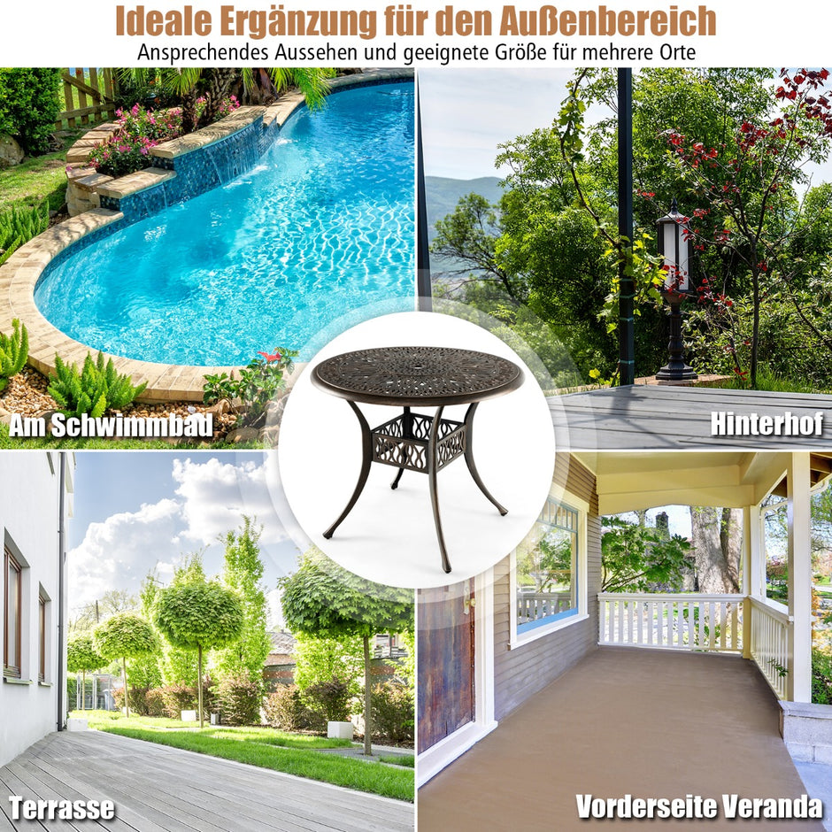 Runt – uteplats matbord bistrobord av gjuten aluminium med paraplyhål – Ø 90 x 74 cm – Brun