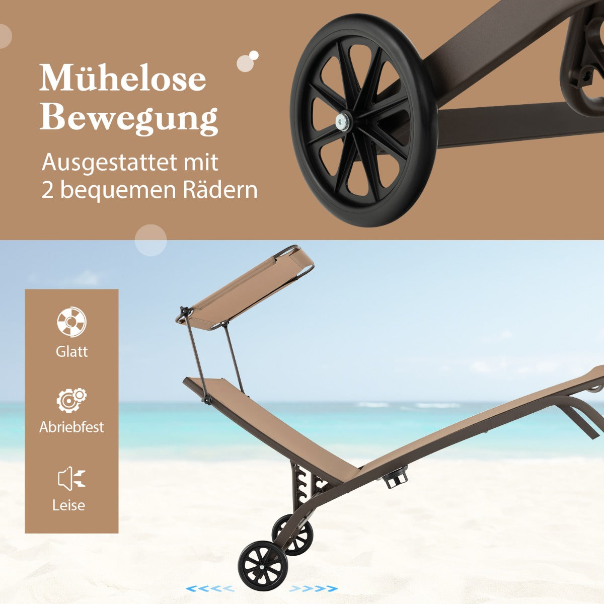 Uteplats – solstol utomhus med hjul strand av metall – Brun