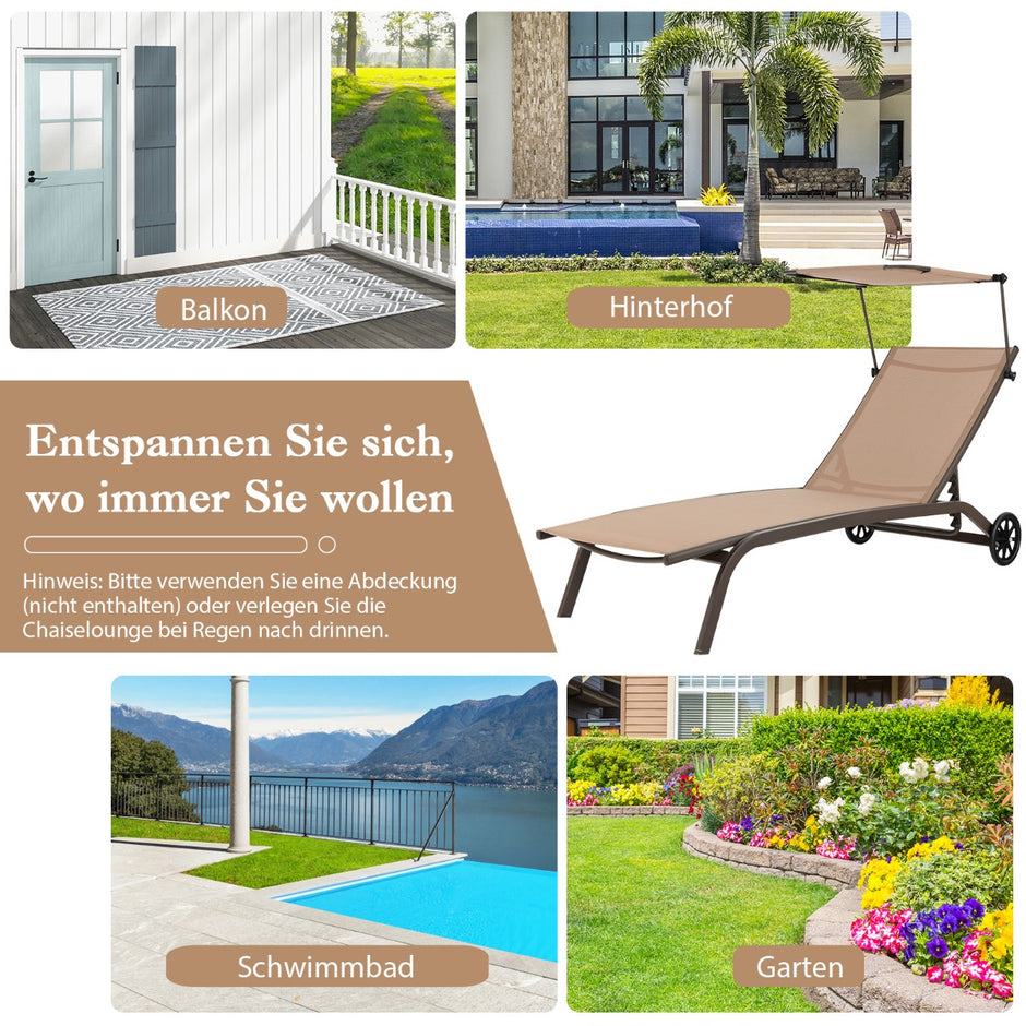 Uteplats – solstol utomhus med hjul strand av metall – Brun
