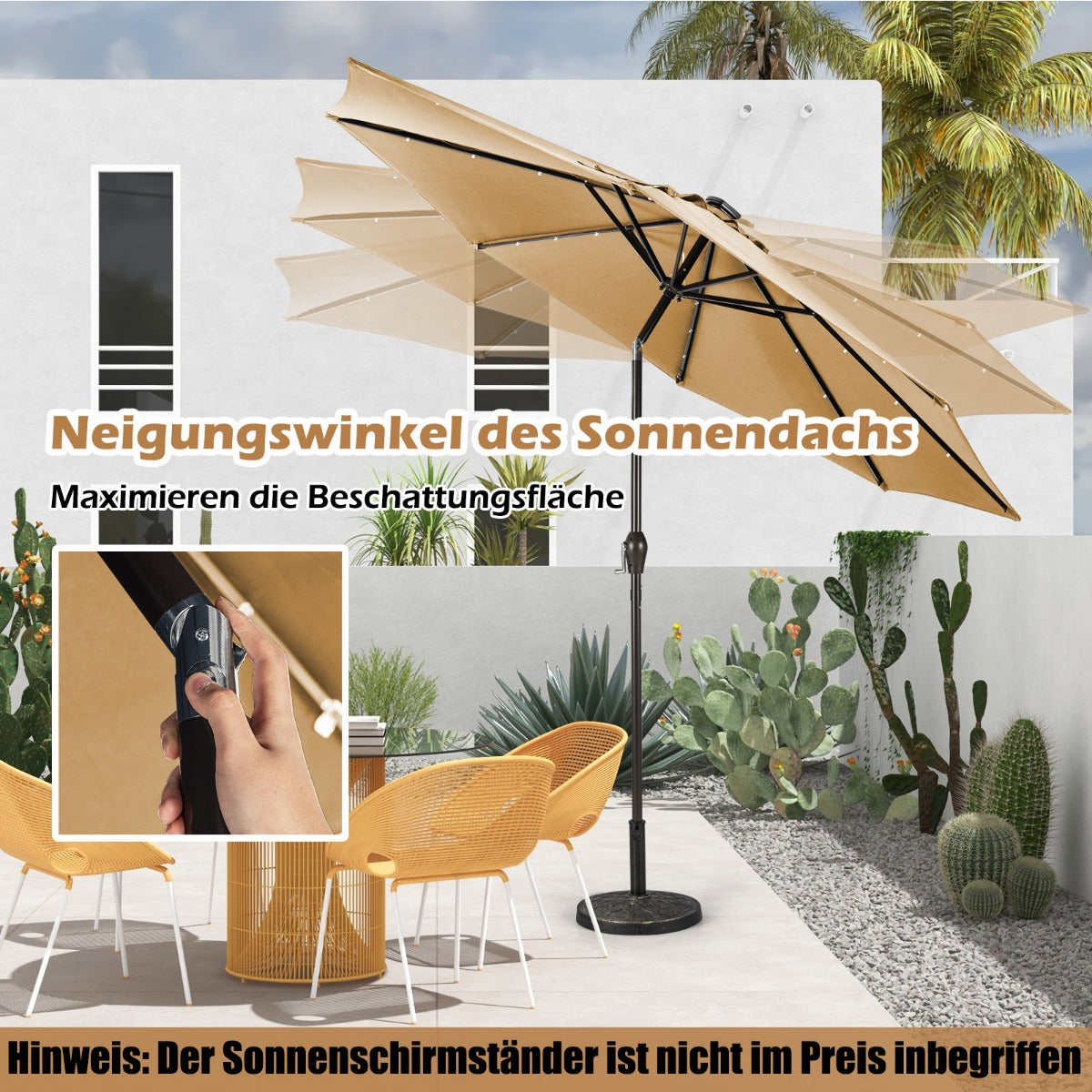 LED belysning – fribärande paraply runt parasoll solcellsdrivet vev – Ø 3 m – Beige