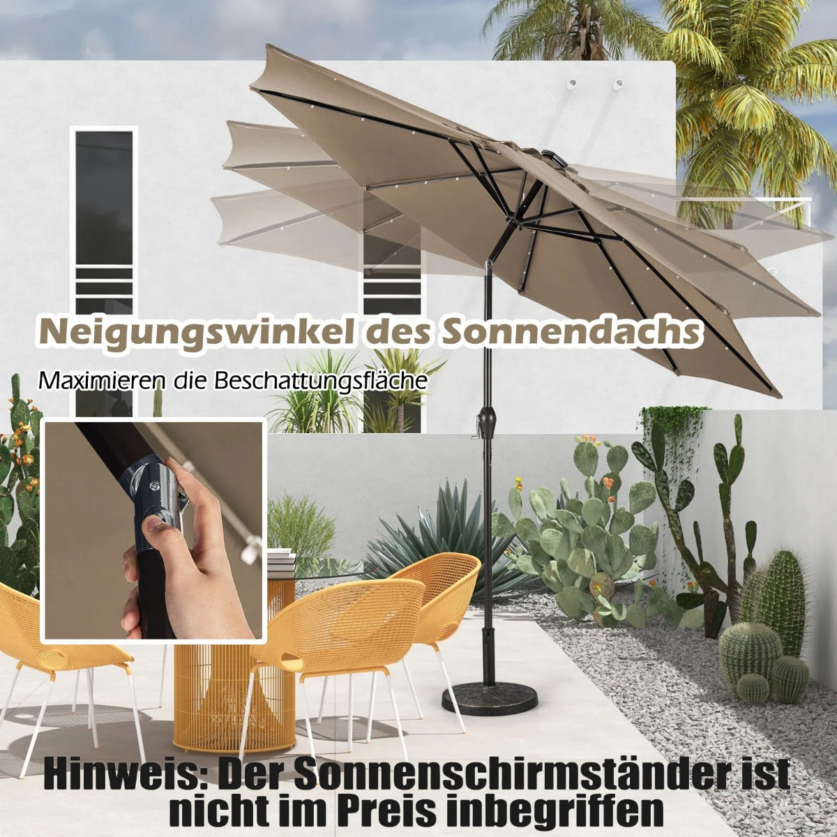 LED belysning – fribärande paraply runt parasoll solcellsdrivet vev – Ø 3 m – Brun