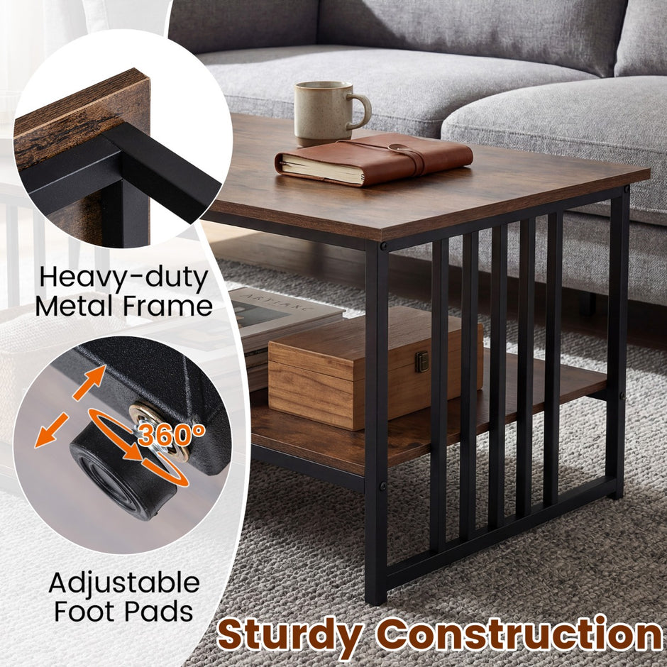 Rektangulär – soffbord med hyllplan och robust metallställ, modern accentbord, rustiskt – 2 – Rustik brun
