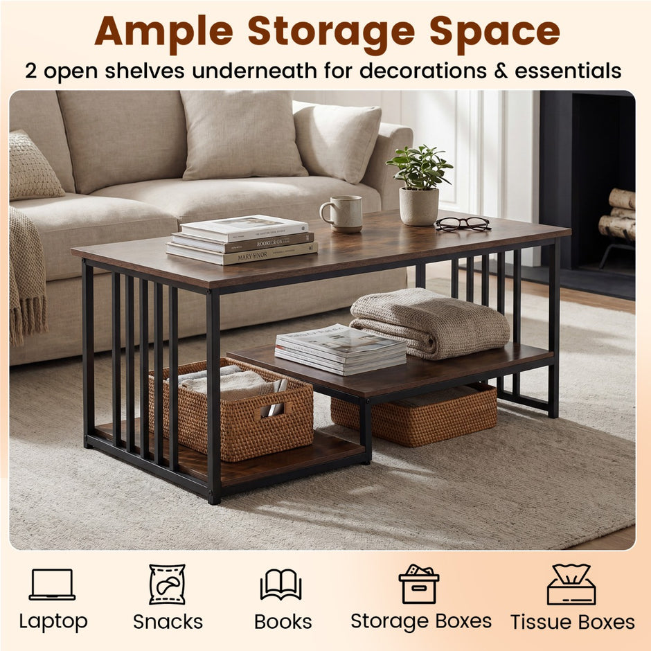 Rektangulär – soffbord med hyllplan och robust metallställ, modern accentbord, rustiskt – 2 – Rustik brun
