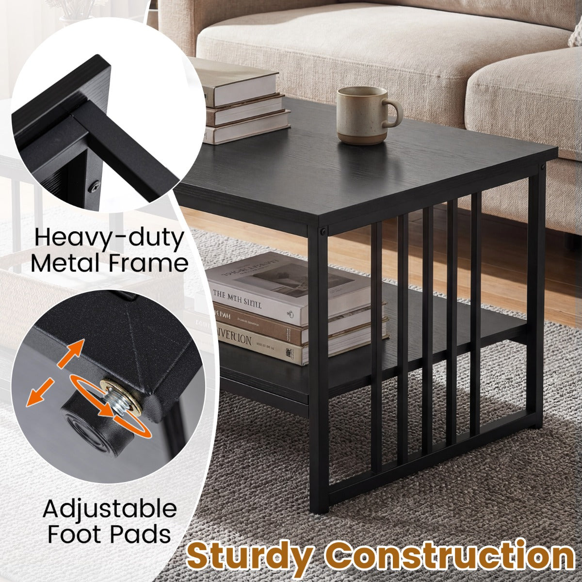 Rektangulär – soffbord med hyllplan och robust metallställ, modern accentbord – 2 – Svart
