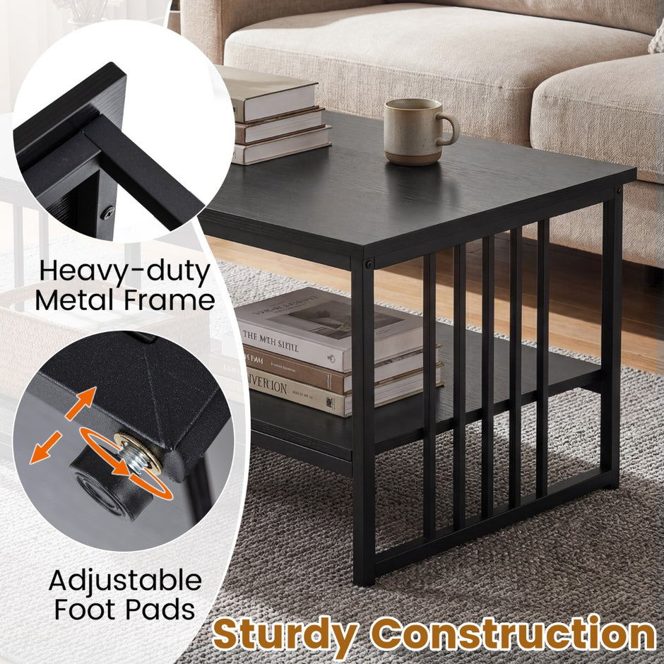 Rektangulär – soffbord med hyllplan och robust metallställ, modern accentbord – 2 – Svart