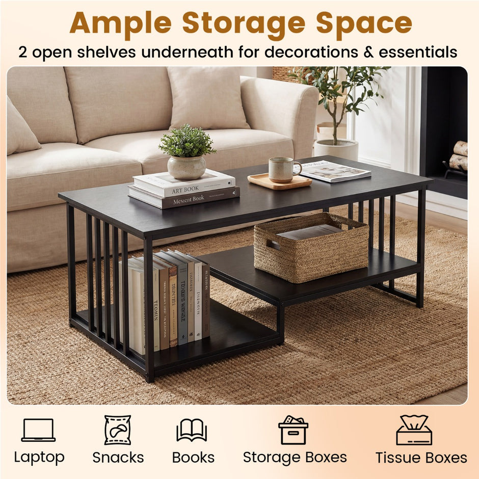 Rektangulär – soffbord med hyllplan och robust metallställ, modern accentbord – 2 – Svart