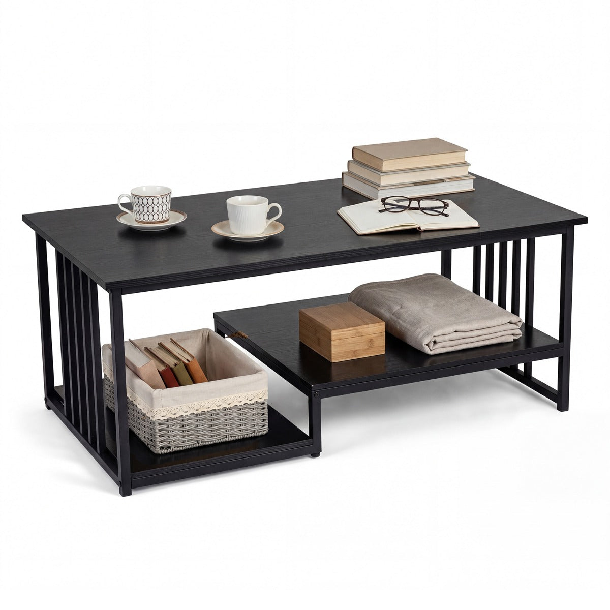 Rektangulär – soffbord med hyllplan och robust metallställ, modern accentbord – 2 – Svart