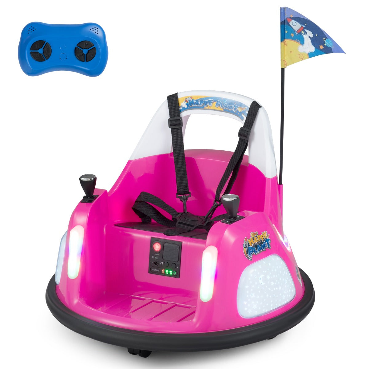 12V – barnbumperbil, batteridriven bil med blinkande lampor och fjärrkontroll, – . – Rosa