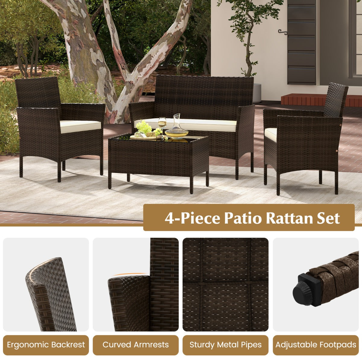 Rattan – Trädgårdsmöbel Sittgrupp Med Stolar och Bänk Bord Dynor Sittset – 2 – Brun