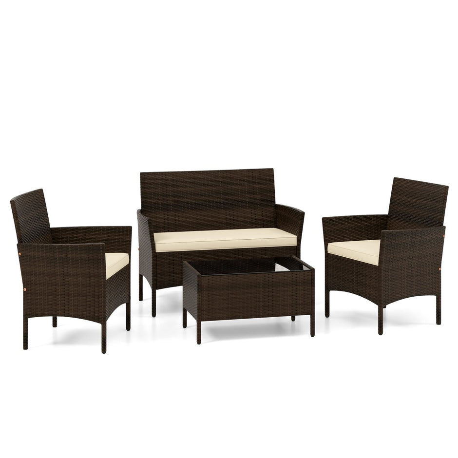 Rattan – Trädgårdsmöbel Sittgrupp Med Stolar och Bänk Bord Dynor Sittset – 2 – Brun