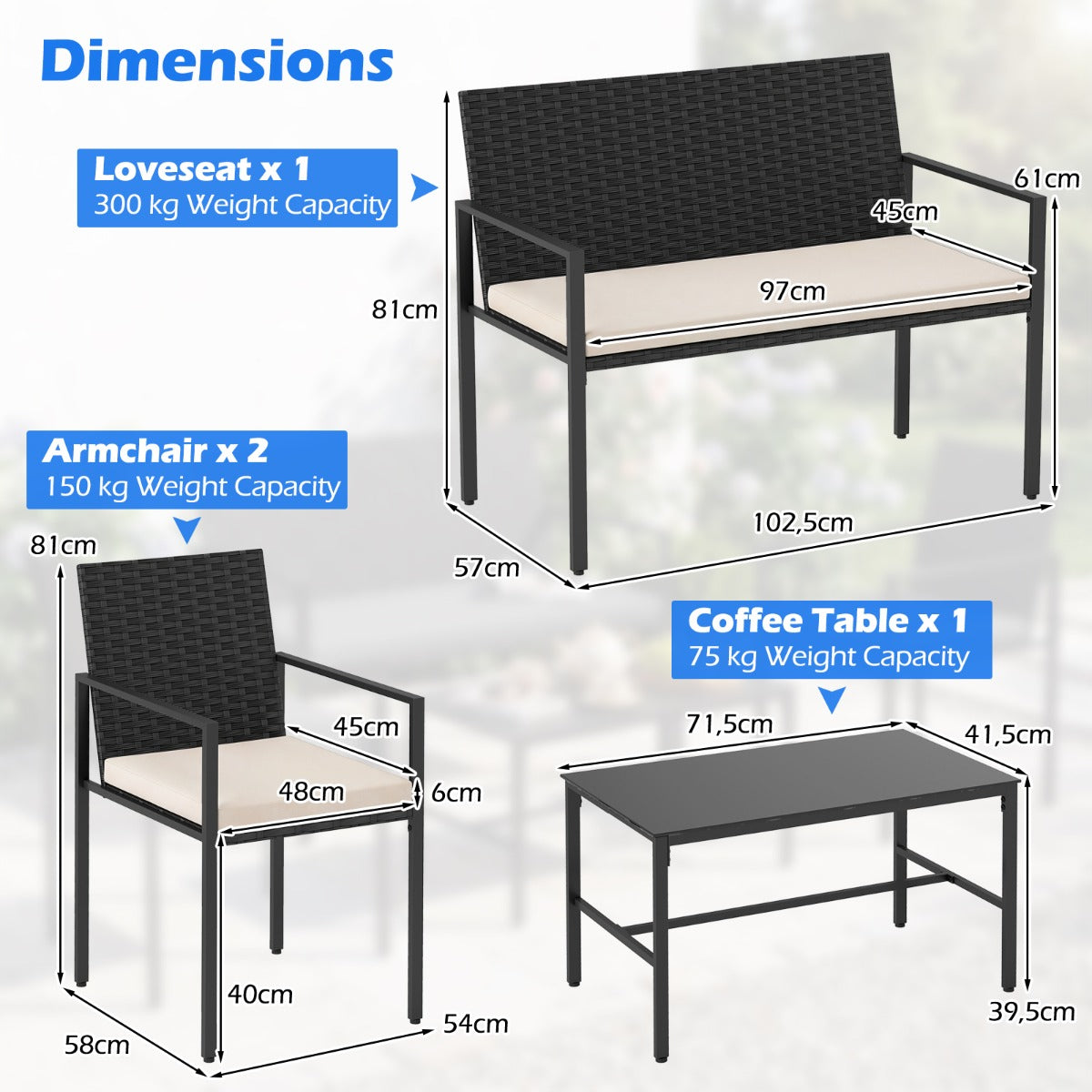 delat – trädgårdsmöbel set Utomhus rottingstolar och kärlekssoffa med härdat glassoffbord – 4 – Beige