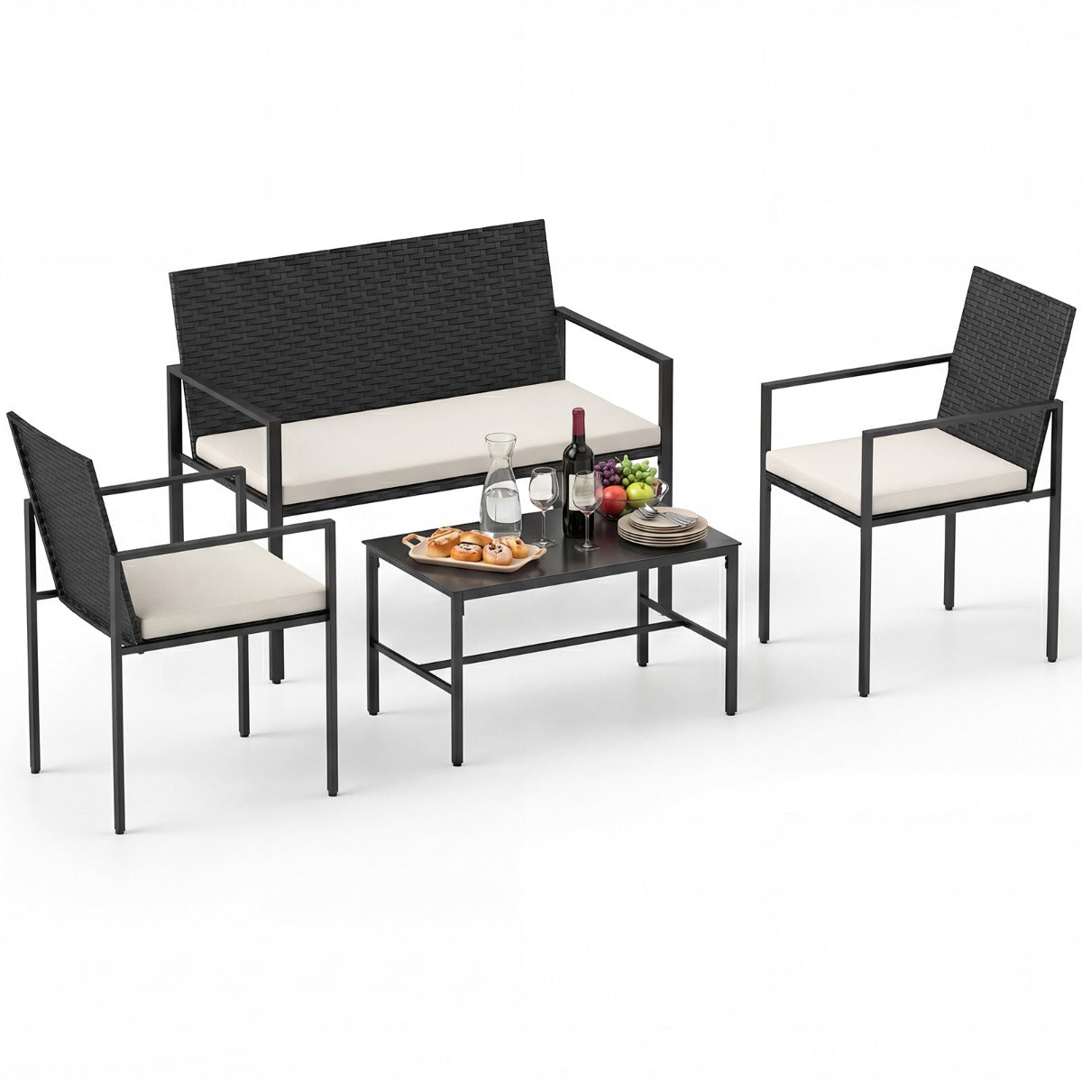 delat – trädgårdsmöbel set Utomhus rottingstolar och kärlekssoffa med härdat glassoffbord – 4 – Beige