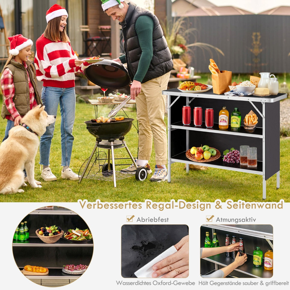 Fällbart – campingbord i aluminium med vånings hyllor Campingskåp – 2 – Svart