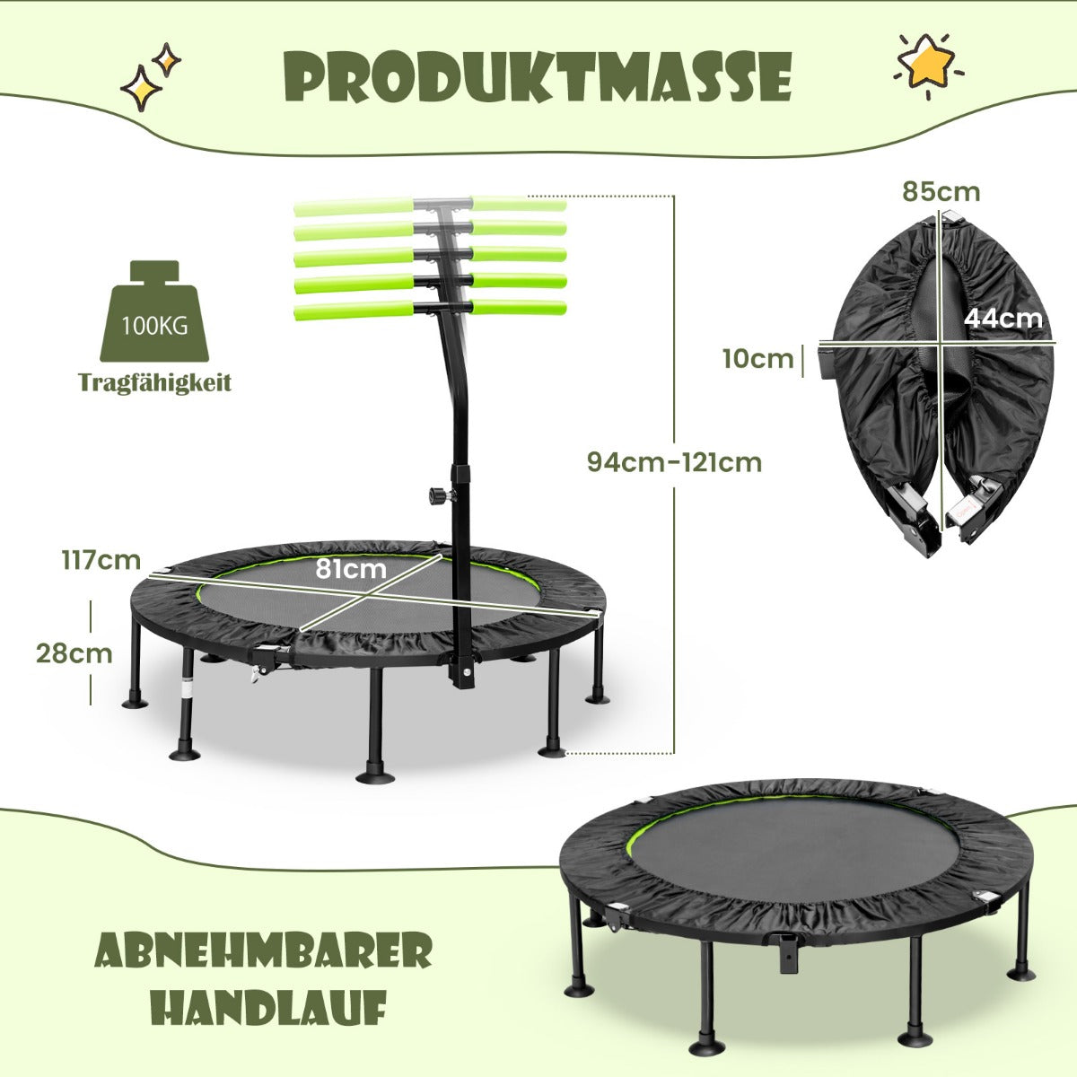 Hopfällbar – ministudsmatta med höjdjusterbart handtag Barnstudsmatta – Ø 110 cm – Grön