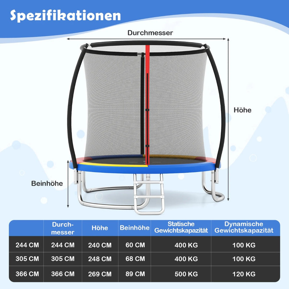 Utomhustrampolin – med stege Trädgårdstrampolin, rund, säkerhetsnät, kantskydd och metallram, – Ø 366 cm – Färgglad
