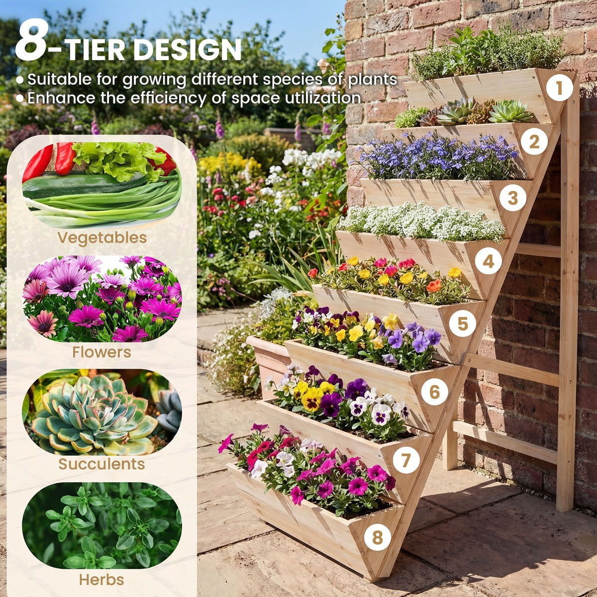 Vertikalt – odlingsbord med nivåer av granträ, blomsterbädd planteringslådor, blomstertrappa – 8 – Natur