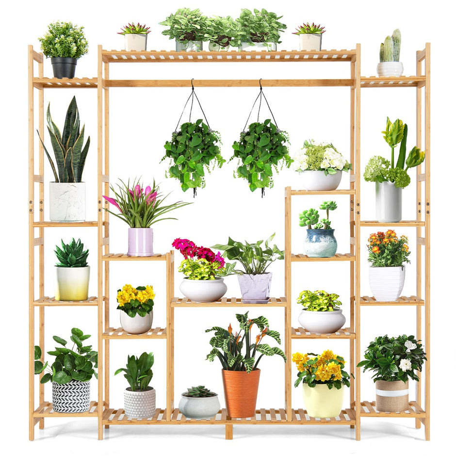 Bambuväxthylla – med nivåer och hängram, stående rumsavdelare, blomhylla – 9 167 x 30 x 166 cm – Natur