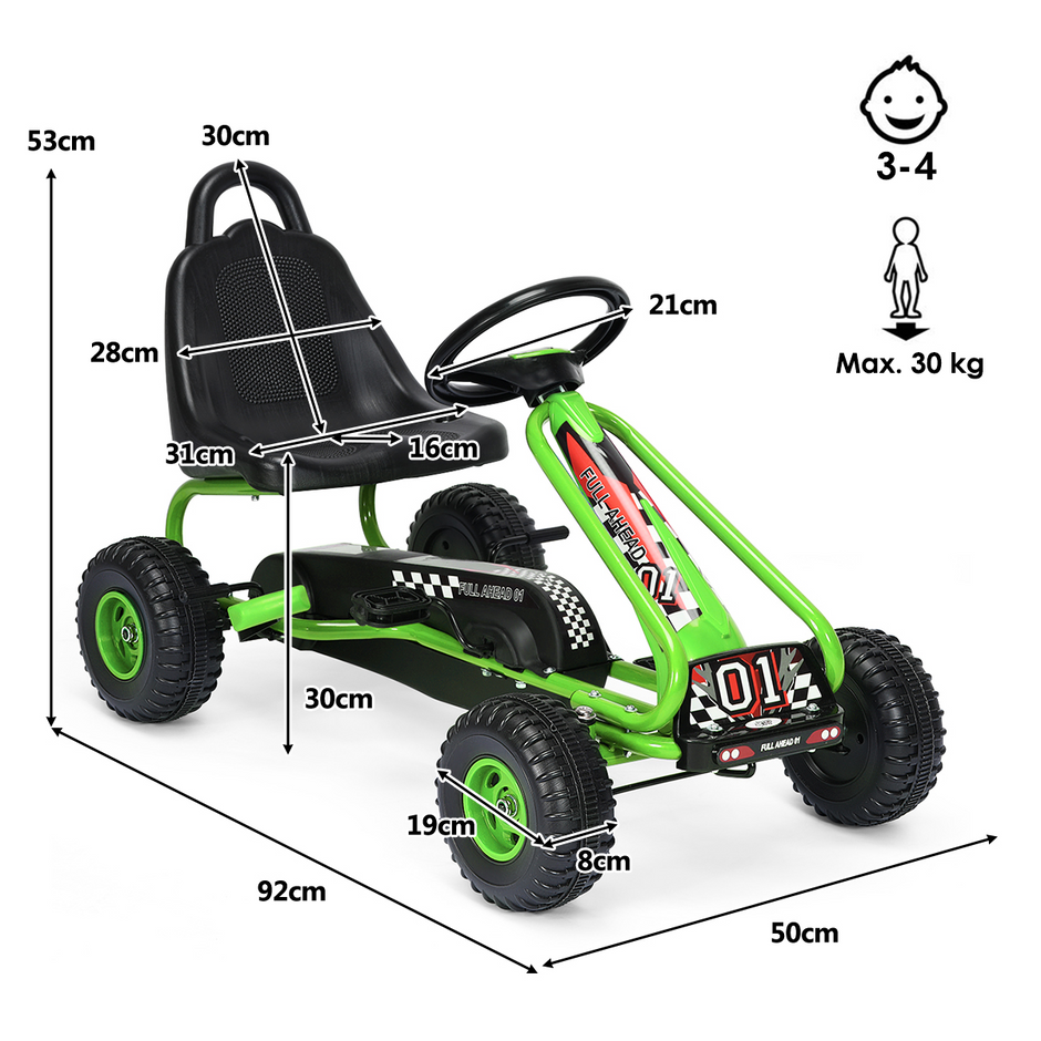 Pedal – Go Kart med justerbar sits hjul åkbil + – 4 92 x 50 x 53 cm – Grön
