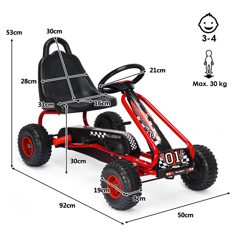 Gokart – med justerbar sits och handbromspedal Bil upp till lastkapacitet Go Cart – 30 kg – Röd