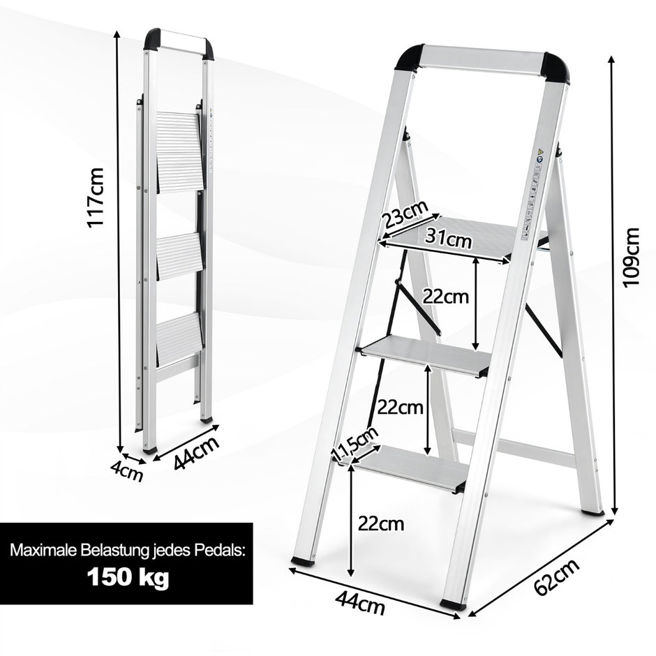 Trappstege – med Fällbar stegpall av aluminium halkfria – 3 62 x 44 x 109 cm – Silver