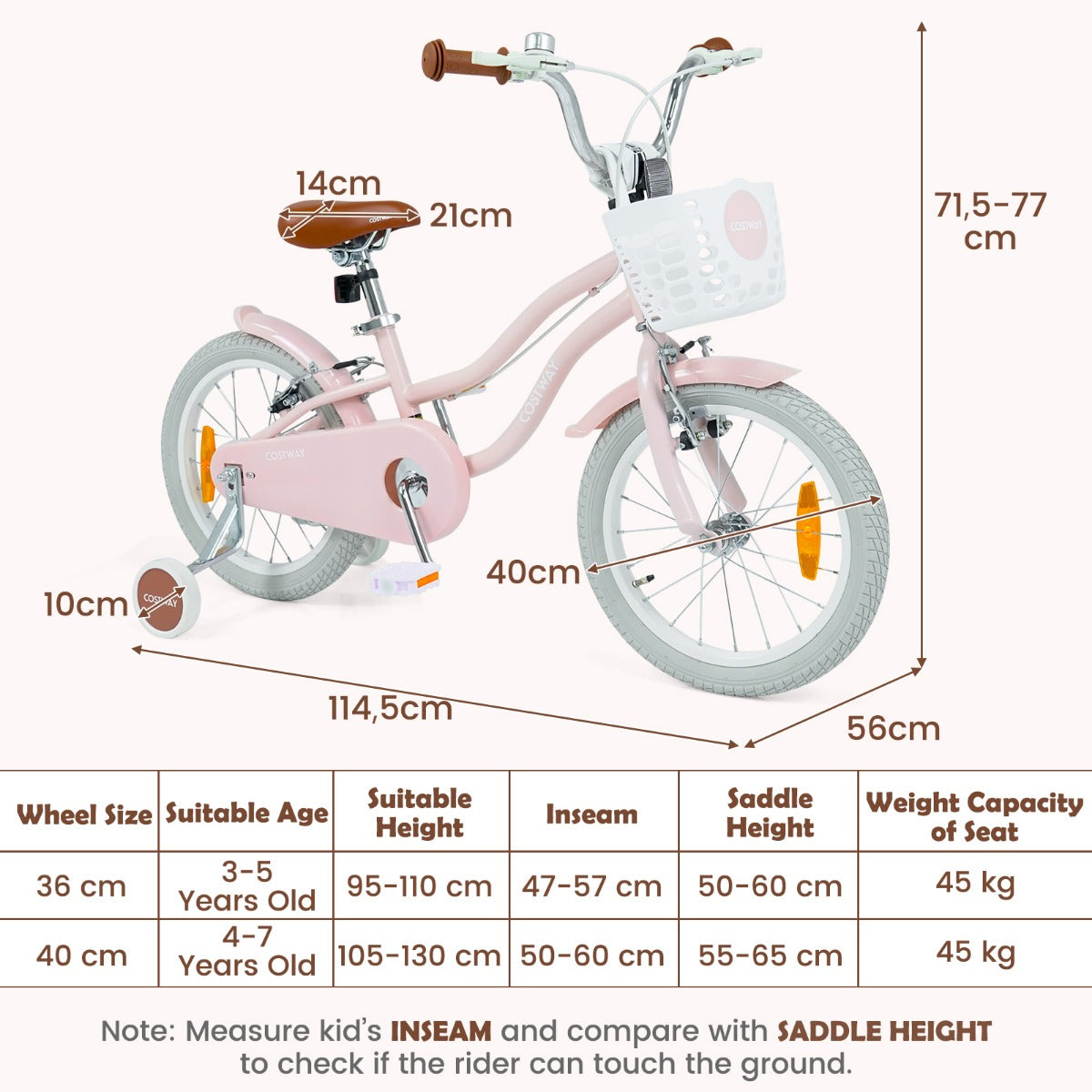 tums – barncykel med stödhjul och korg, höjdjusterbar styrstång sadel – 16 – Rosa