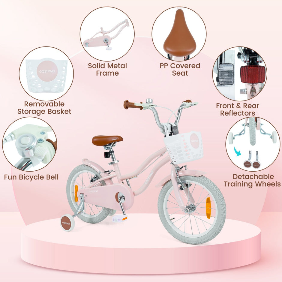 tums – barncykel med stödhjul och korg, höjdjusterbar styrstång sadel – 16 – Rosa