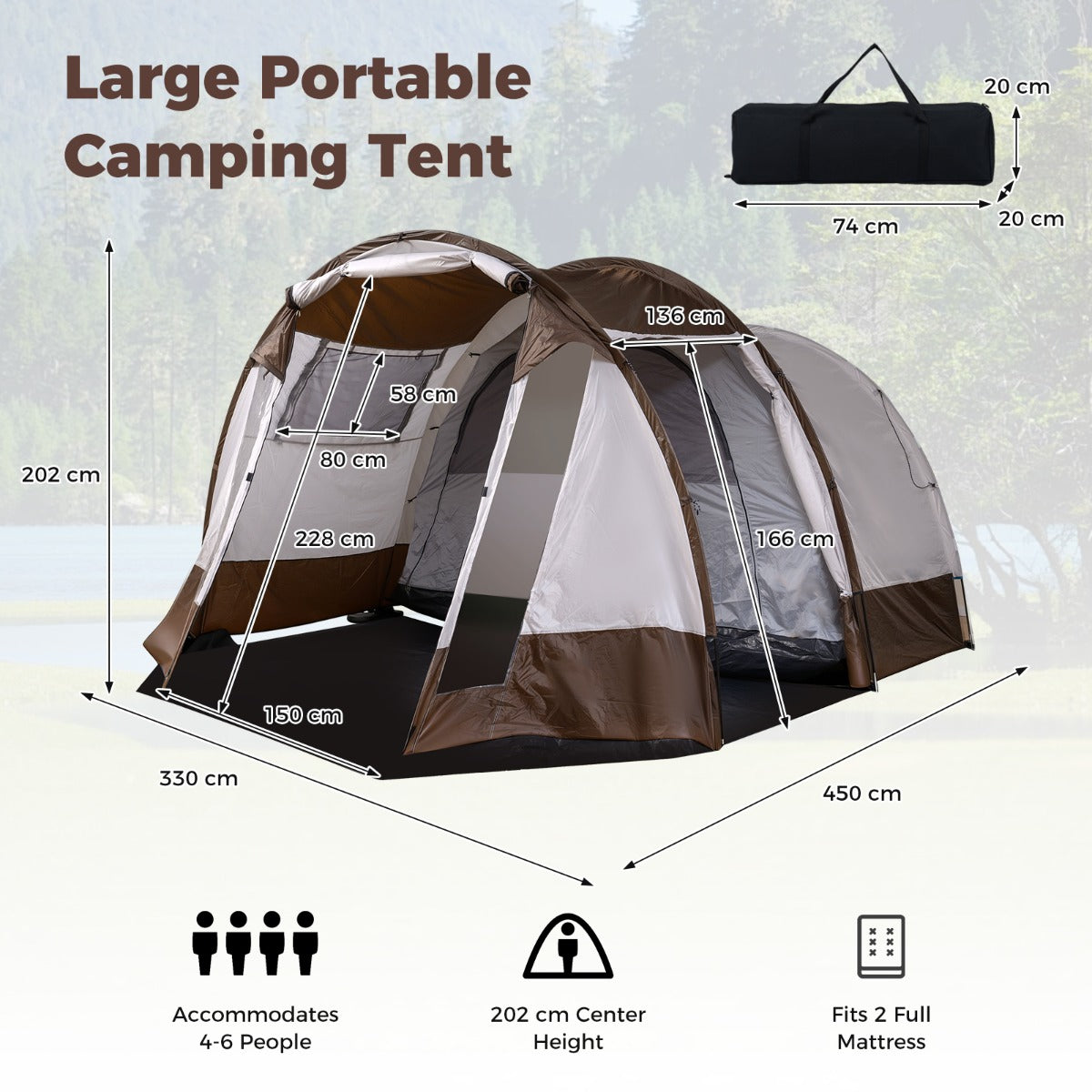Tunnelttält – för personer, vattenavvisande campingtält med stort förrum och ventilationsdörr – 4-6 – Brun