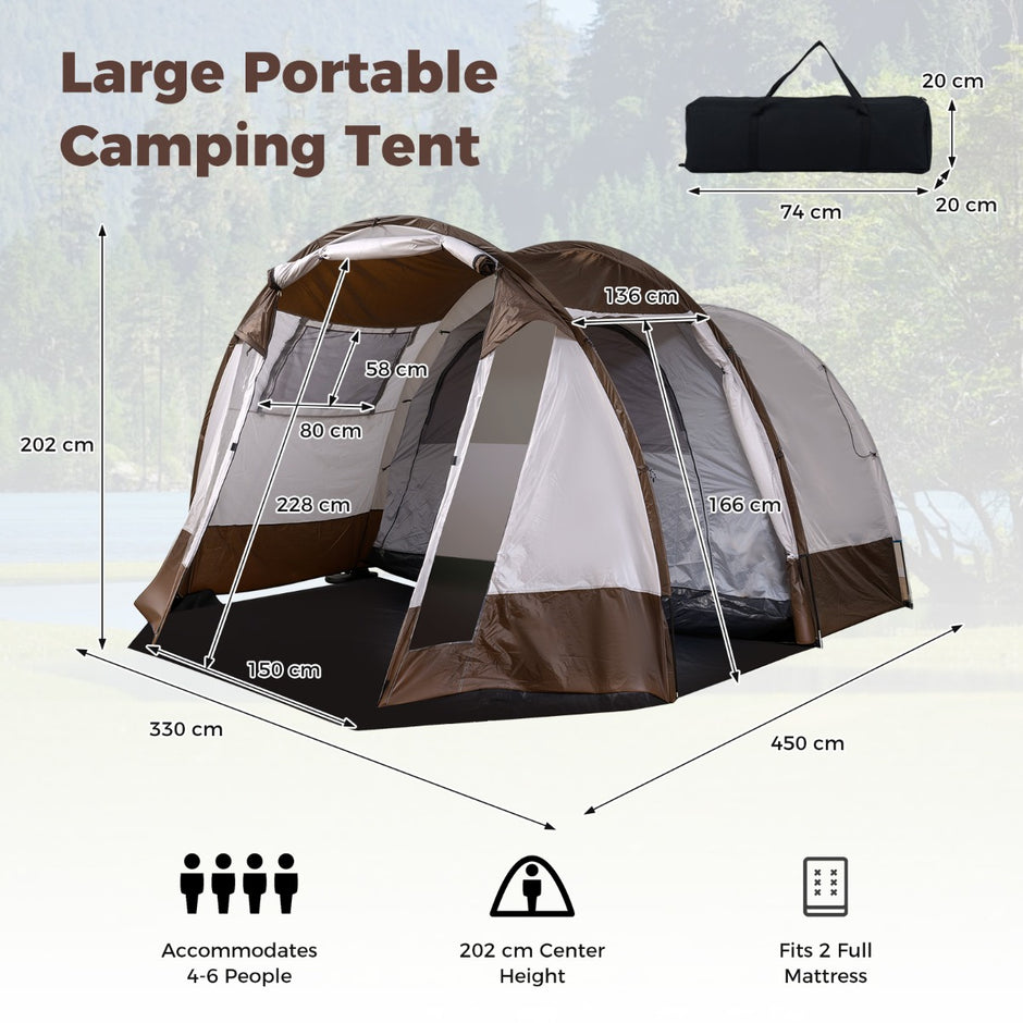 Tunnelttält – för personer, vattenavvisande campingtält med stort förrum och ventilationsdörr – 4-6 – Brun